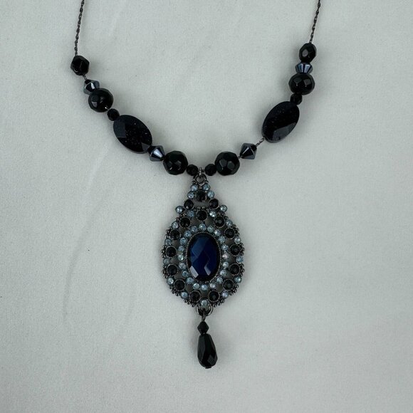 Vintage NR Pendant Necklace Dangle Earrings Set Gunmetal Midnight Blue Metallic - Picture 4 of 16